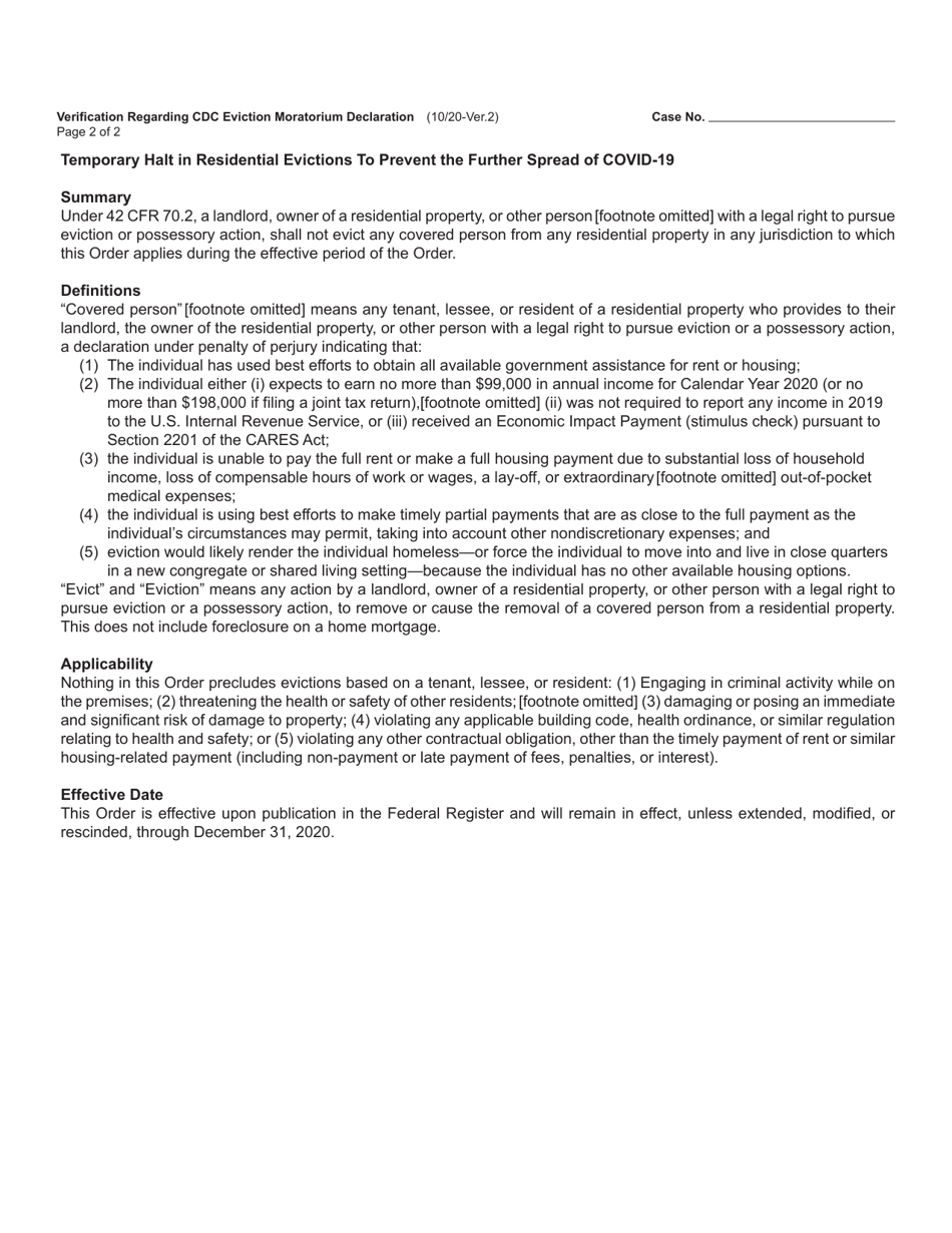 Form DC511 Verification Regarding CDC Eviction Moratorium Declaration - Michigan, Page 2