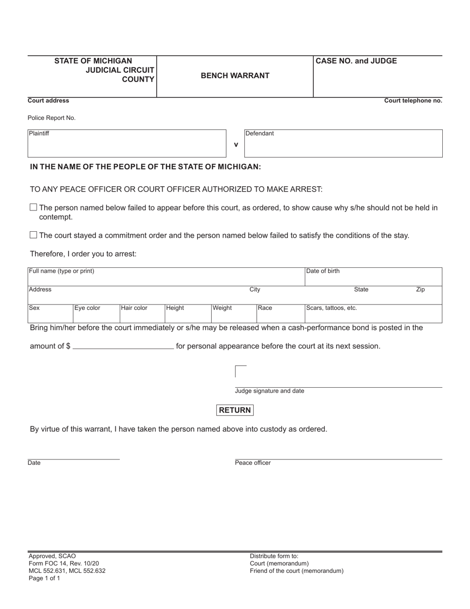 Form FOC14 Bench Warrant - Michigan, Page 1
