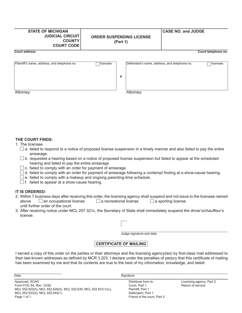 Form FOC84 Order Suspending License - Michigan, Page 1