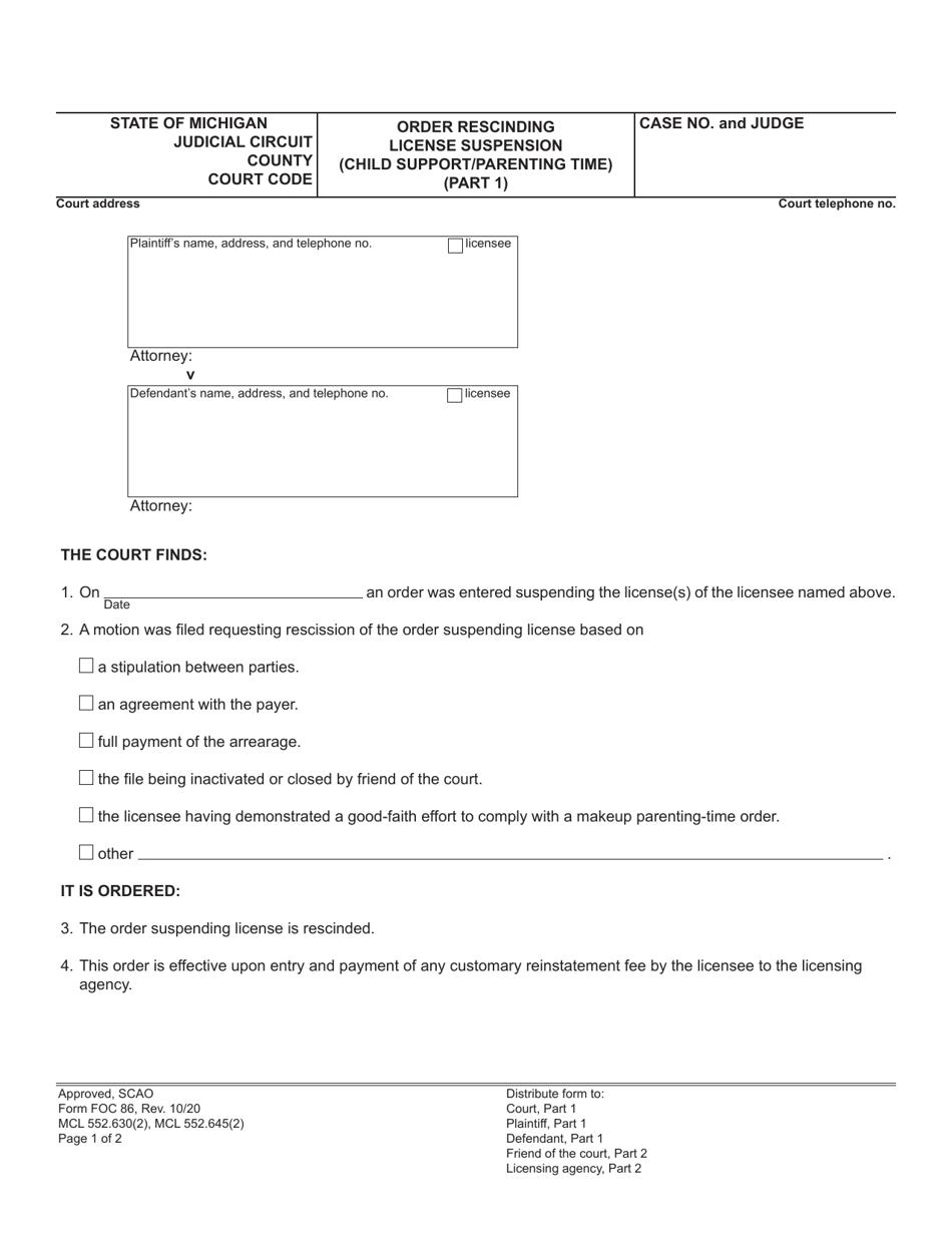 Form FOC86 Order Rescinding License Suspension (Child Support / Parenting Time) - Michigan, Page 1