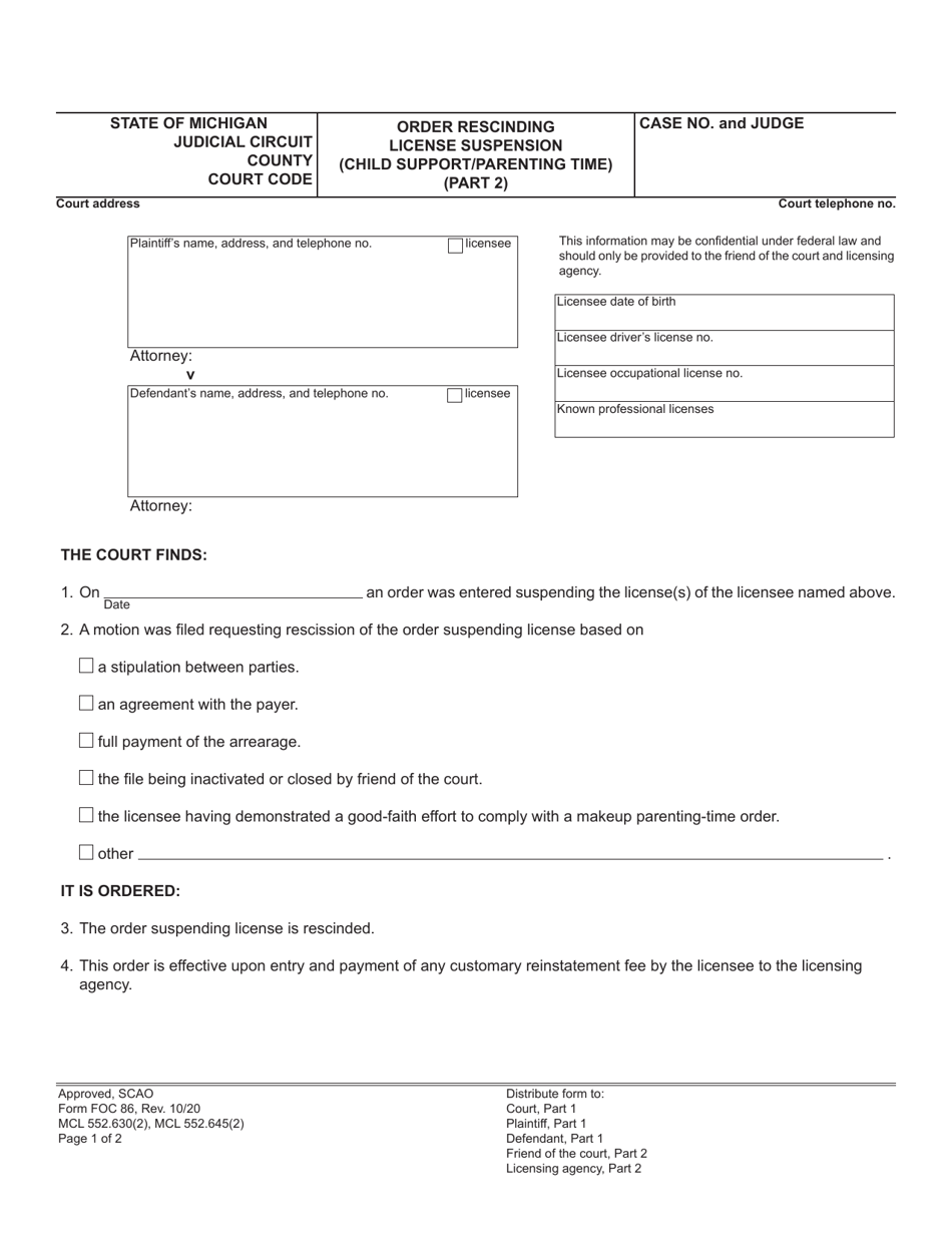 Form FOC86 Order Rescinding License Suspension (Child Support / Parenting Time) - Michigan, Page 3