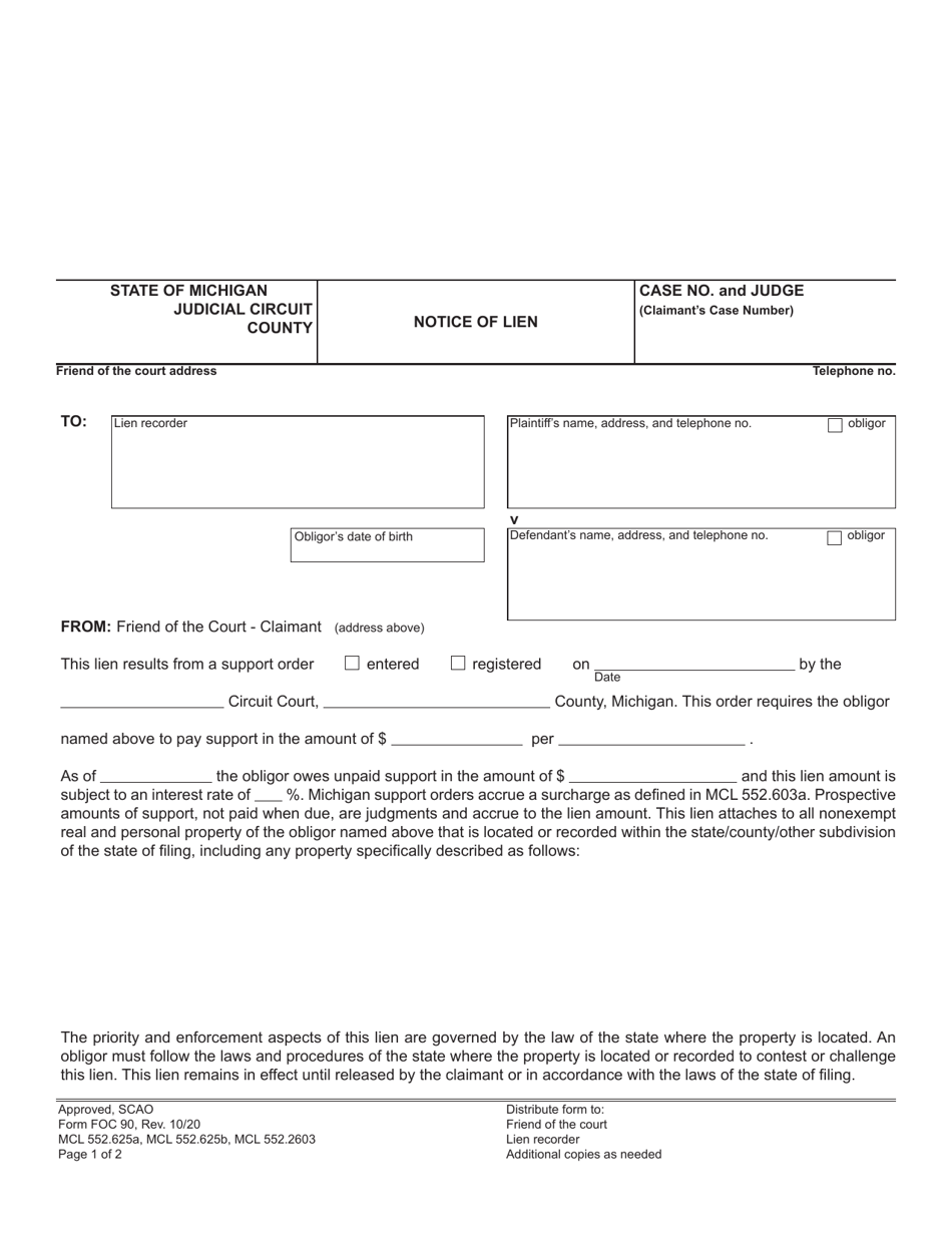 Form FOC90 Notice of Lien - Michigan, Page 1