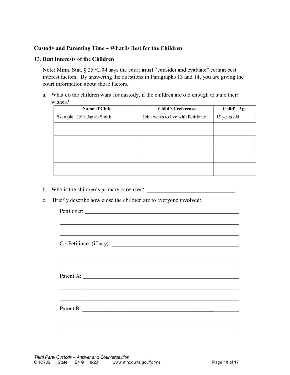 Form CHC702 Answer to Third Party Custody Petition and Counterpetition for Custody - Minnesota, Page 10