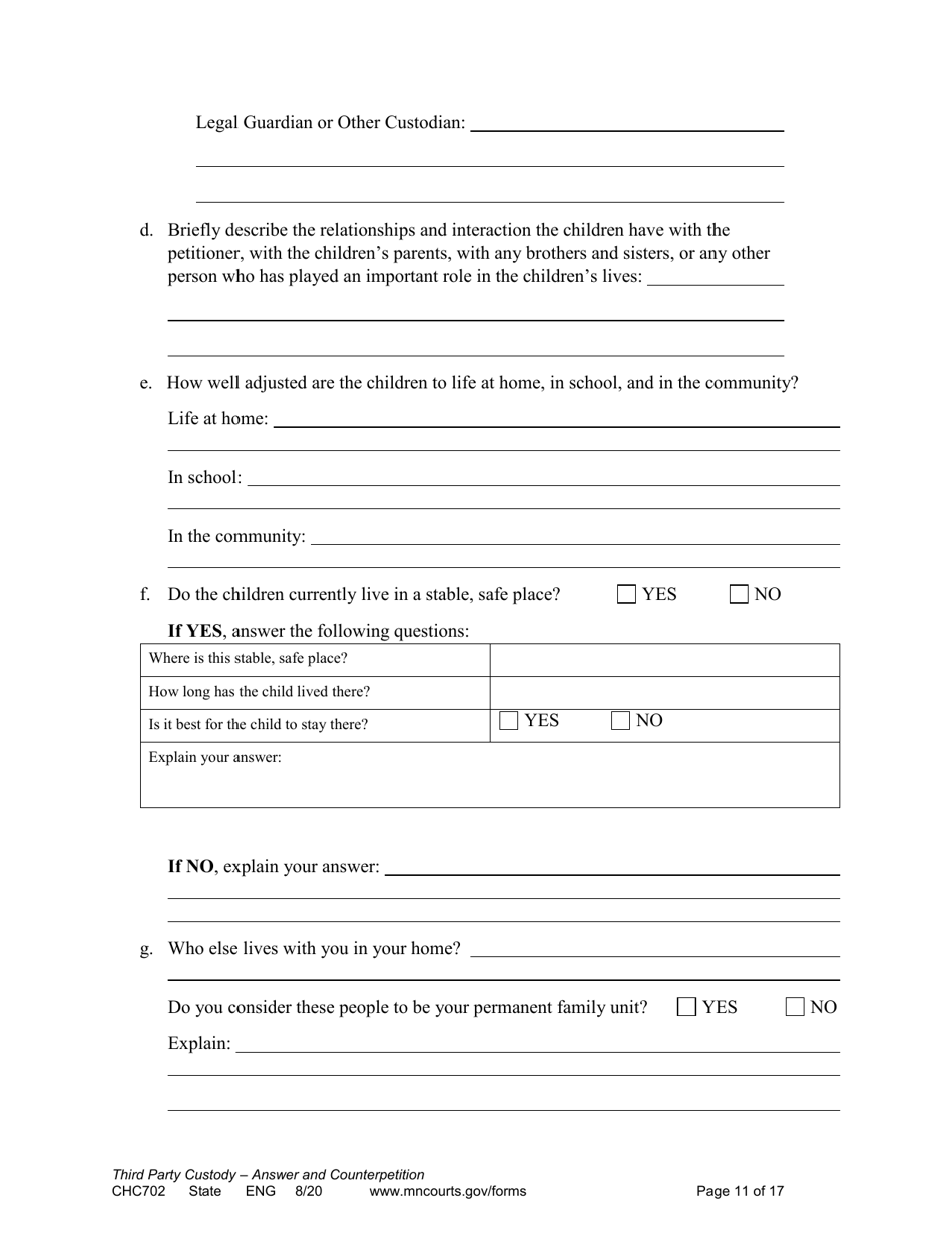 Form CHC702 Answer to Third Party Custody Petition and Counterpetition for Custody - Minnesota, Page 11