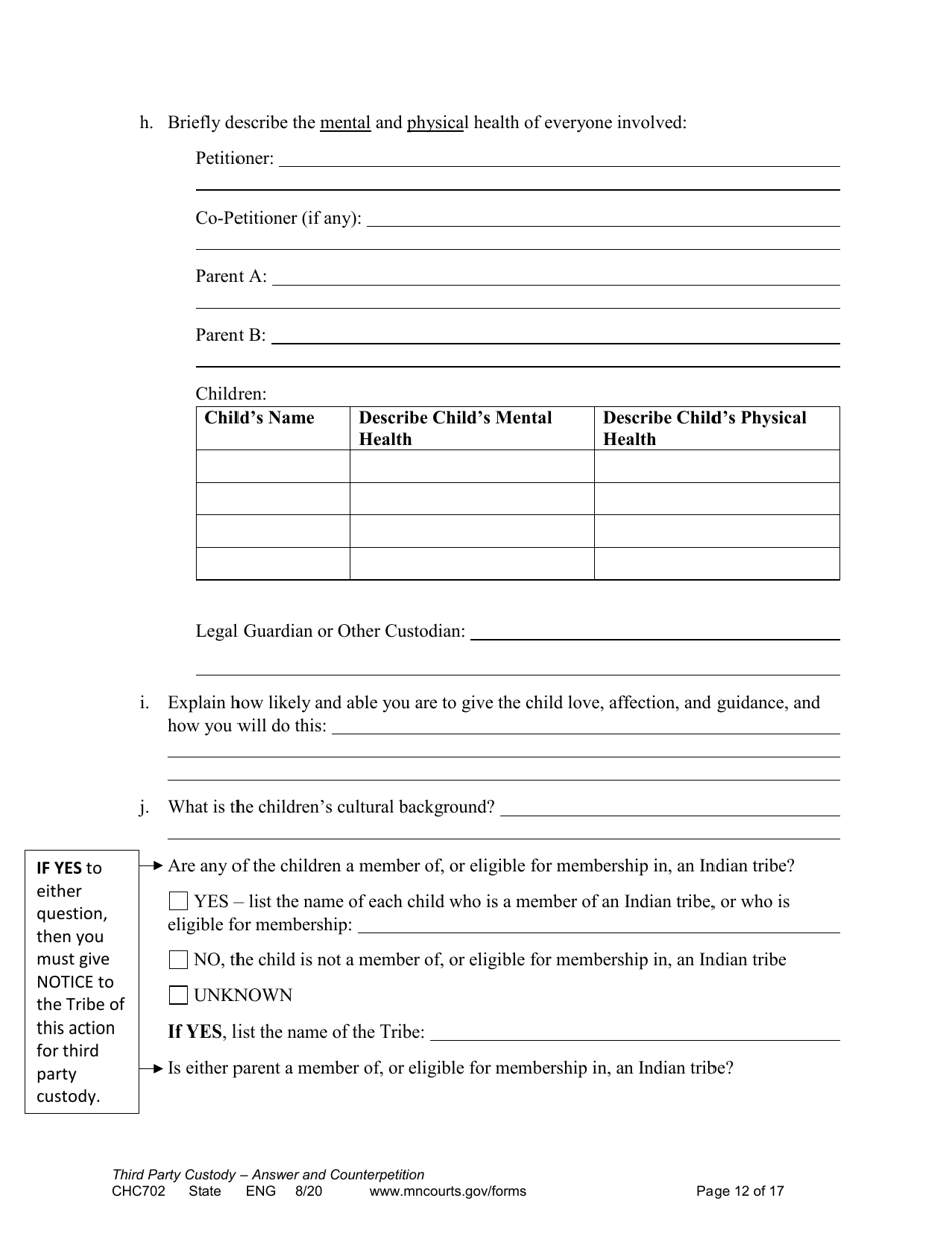 Form CHC702 Answer to Third Party Custody Petition and Counterpetition for Custody - Minnesota, Page 12