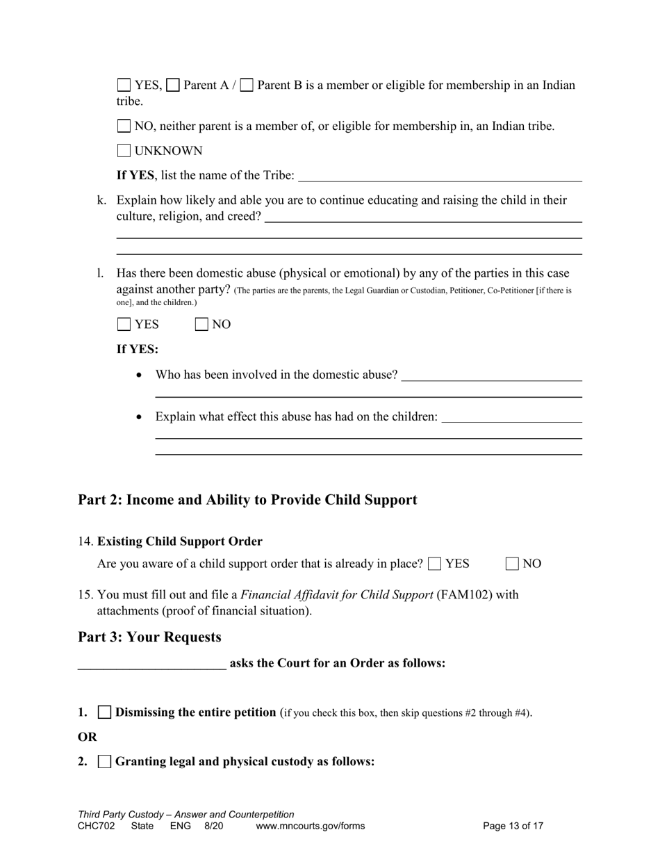 Form CHC702 Answer to Third Party Custody Petition and Counterpetition for Custody - Minnesota, Page 13