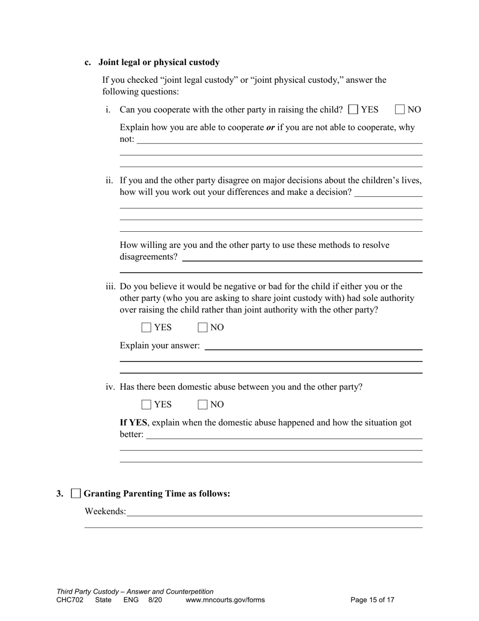 Form CHC702 Answer to Third Party Custody Petition and Counterpetition for Custody - Minnesota, Page 15