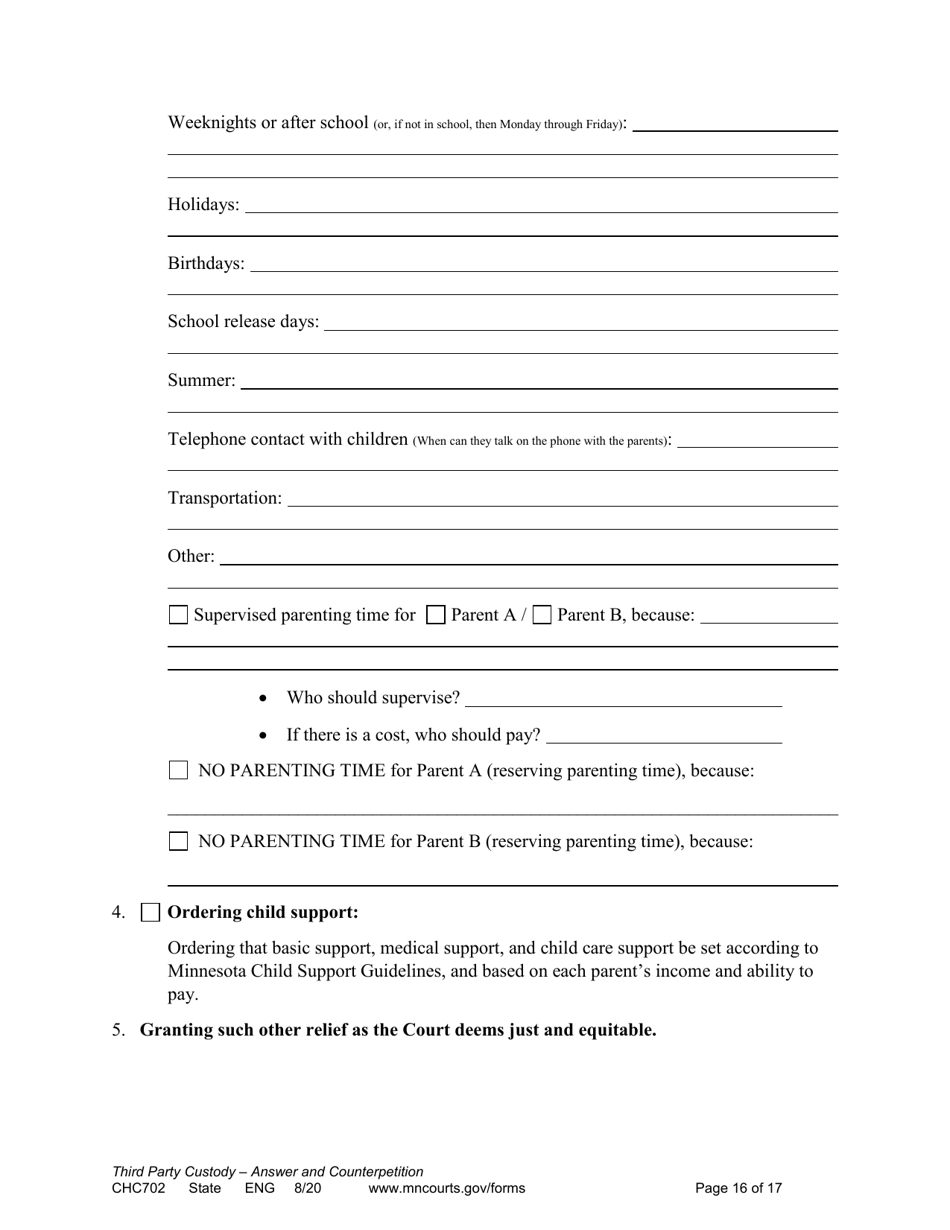 Form CHC702 Answer to Third Party Custody Petition and Counterpetition for Custody - Minnesota, Page 16