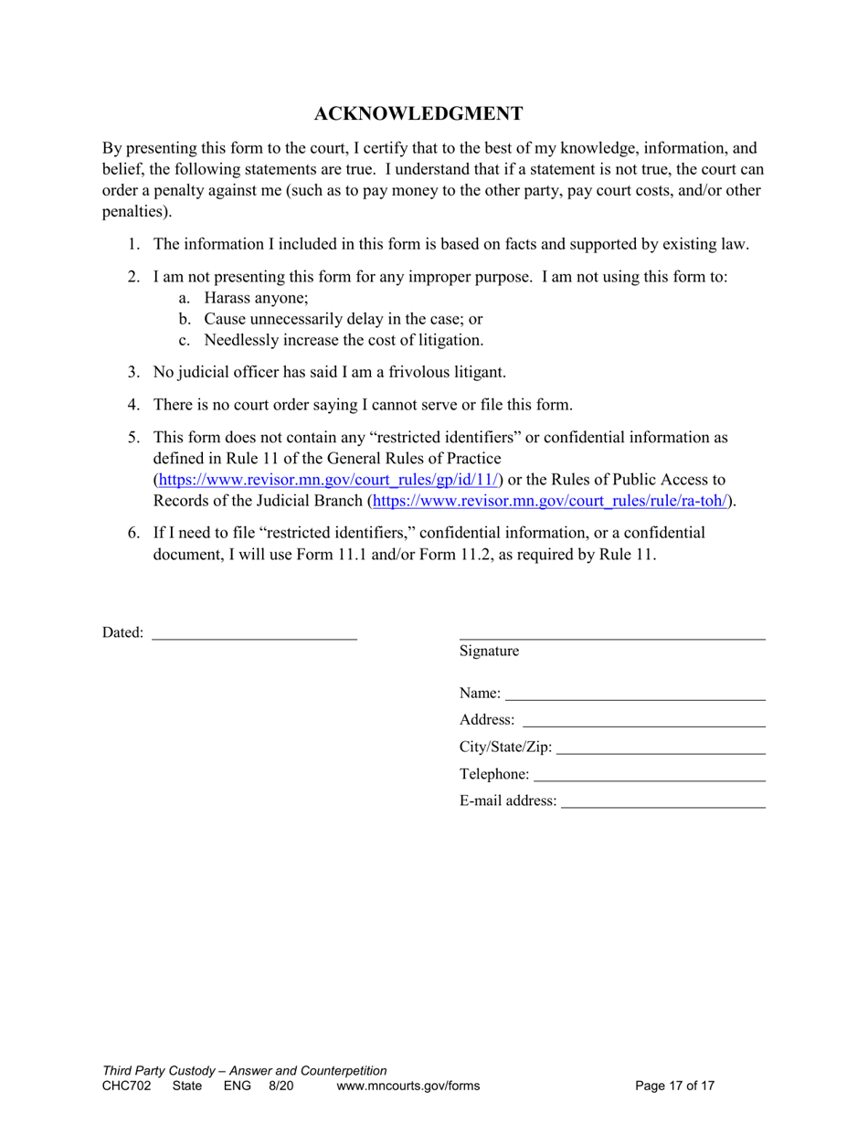 Form CHC702 Answer to Third Party Custody Petition and Counterpetition for Custody - Minnesota, Page 17