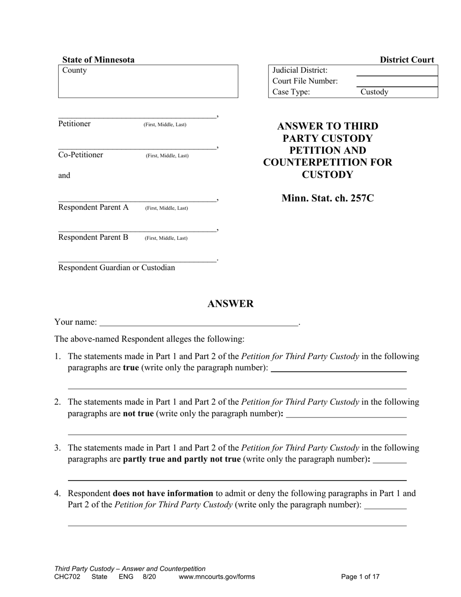 Form CHC702 Answer to Third Party Custody Petition and Counterpetition for Custody - Minnesota, Page 1