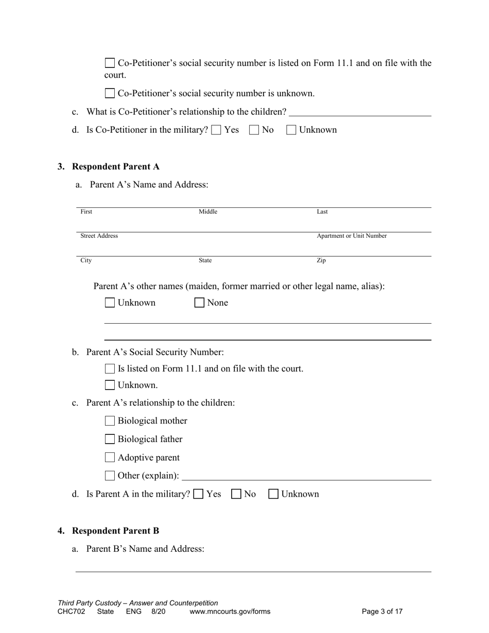 Form CHC702 Answer to Third Party Custody Petition and Counterpetition for Custody - Minnesota, Page 3