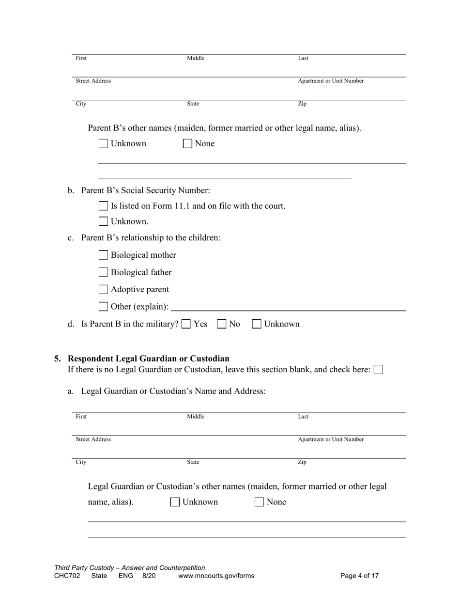 Form CHC702 Answer to Third Party Custody Petition and Counterpetition for Custody - Minnesota, Page 4