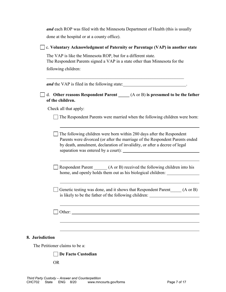 Form CHC702 Answer to Third Party Custody Petition and Counterpetition for Custody - Minnesota, Page 7