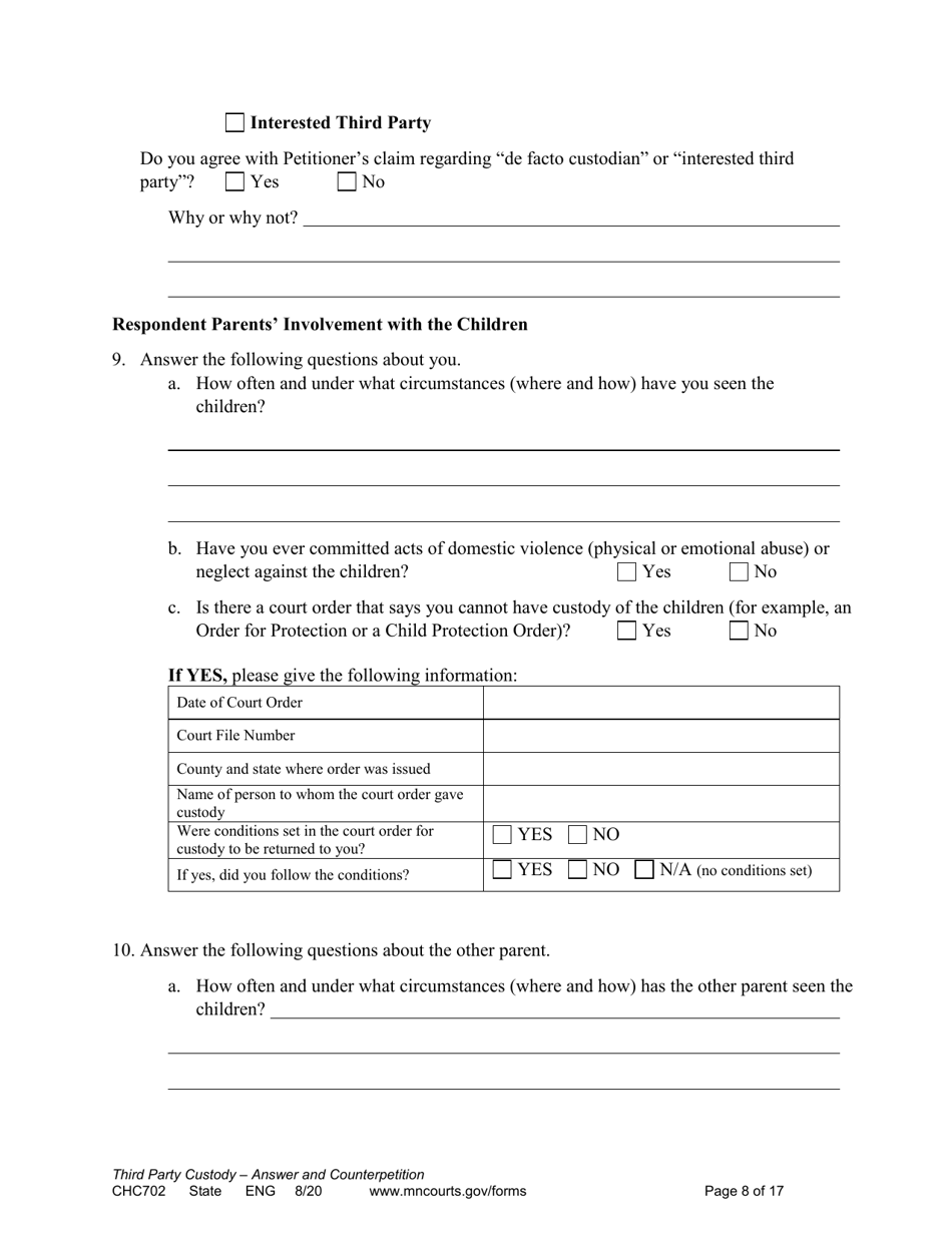 Form CHC702 Answer to Third Party Custody Petition and Counterpetition for Custody - Minnesota, Page 8