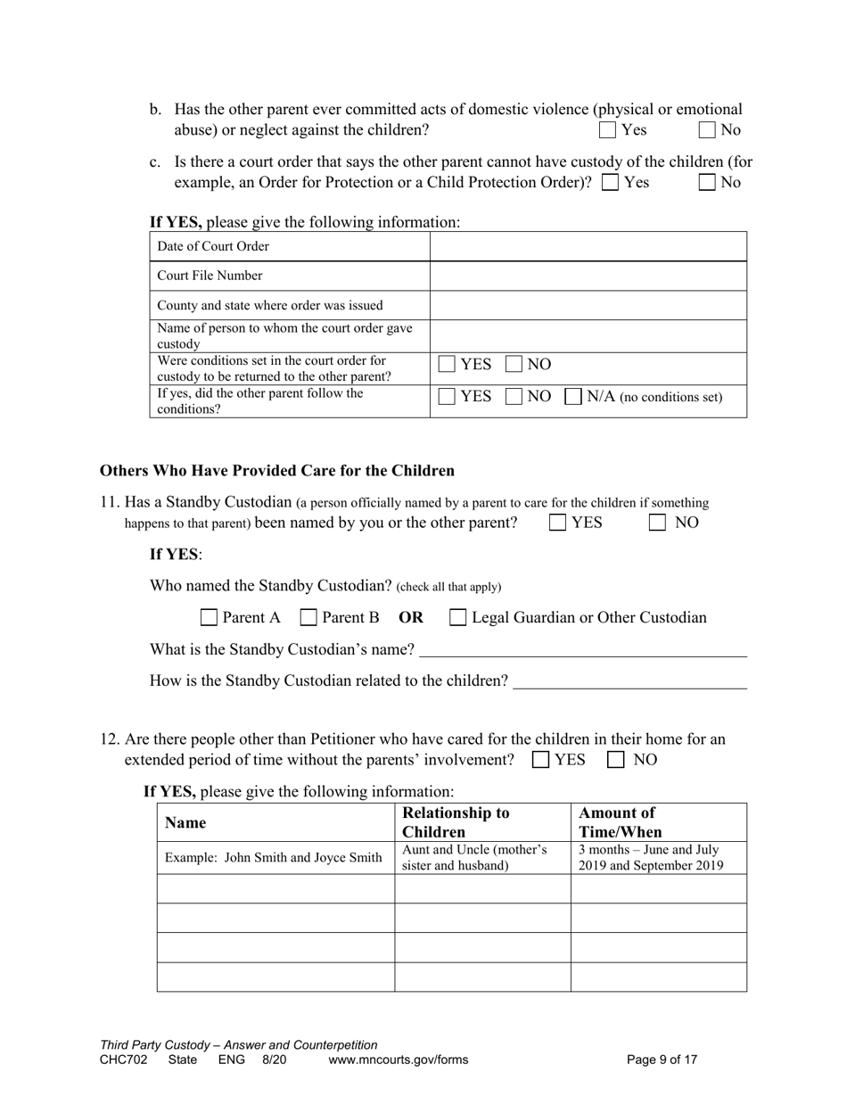 Form CHC702 Answer to Third Party Custody Petition and Counterpetition for Custody - Minnesota, Page 9