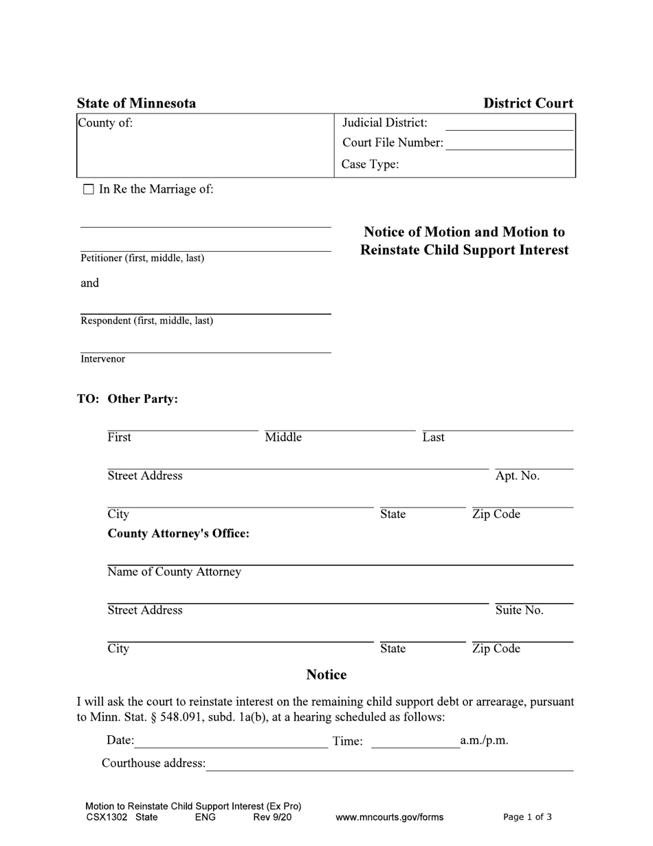 Form CSX1302 Notice of Motion and Motion to Reinstate Child Support Interest - Minnesota, Page 1