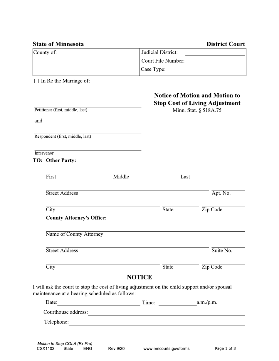 Form CSX1102 Notice of Motion and Motion to Stop Cost of Living Adjustment - Minnesota, Page 1
