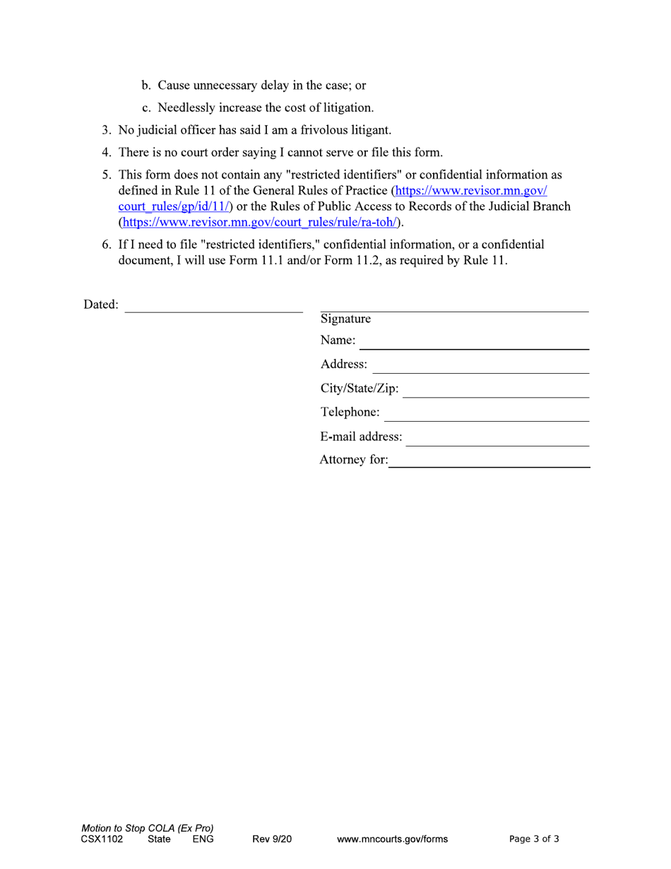 Form CSX1102 Notice of Motion and Motion to Stop Cost of Living Adjustment - Minnesota, Page 3