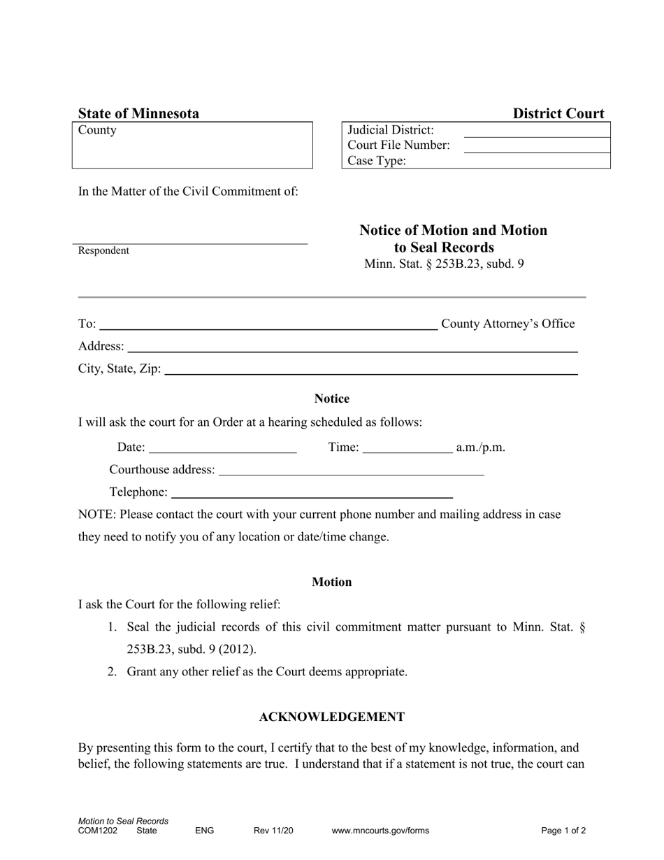 Form COM1202 Notice of Motion and Motion to Seal Records - Minnesota, Page 1
