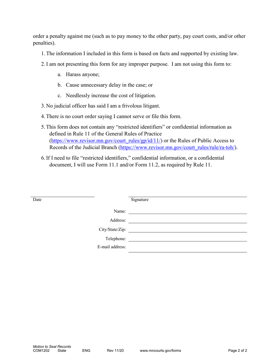 Form COM1202 Notice of Motion and Motion to Seal Records - Minnesota, Page 2
