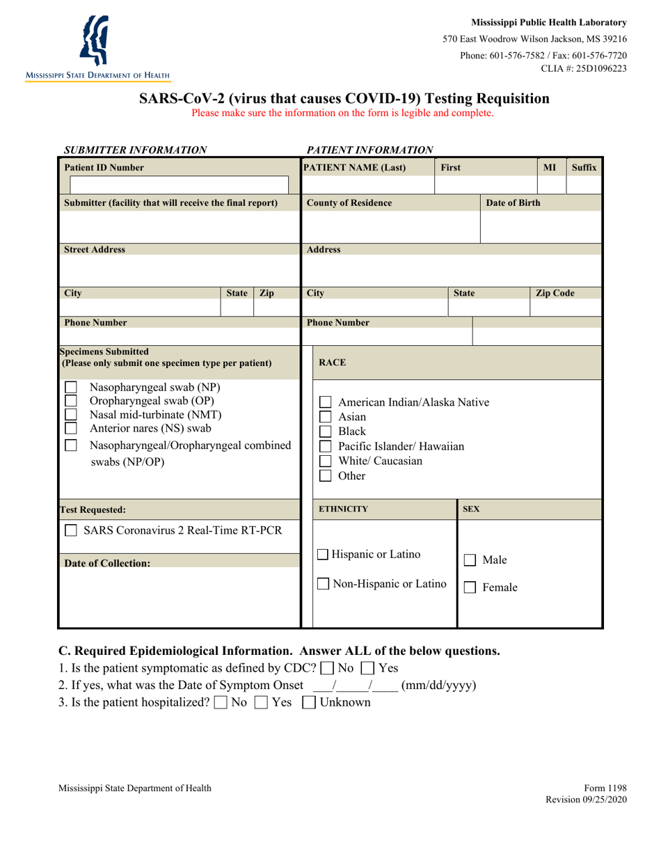 Form 1198 Sars-Cov-2 (Virus That Causes Covid-19) Testing Requisition - Mississippi, Page 1