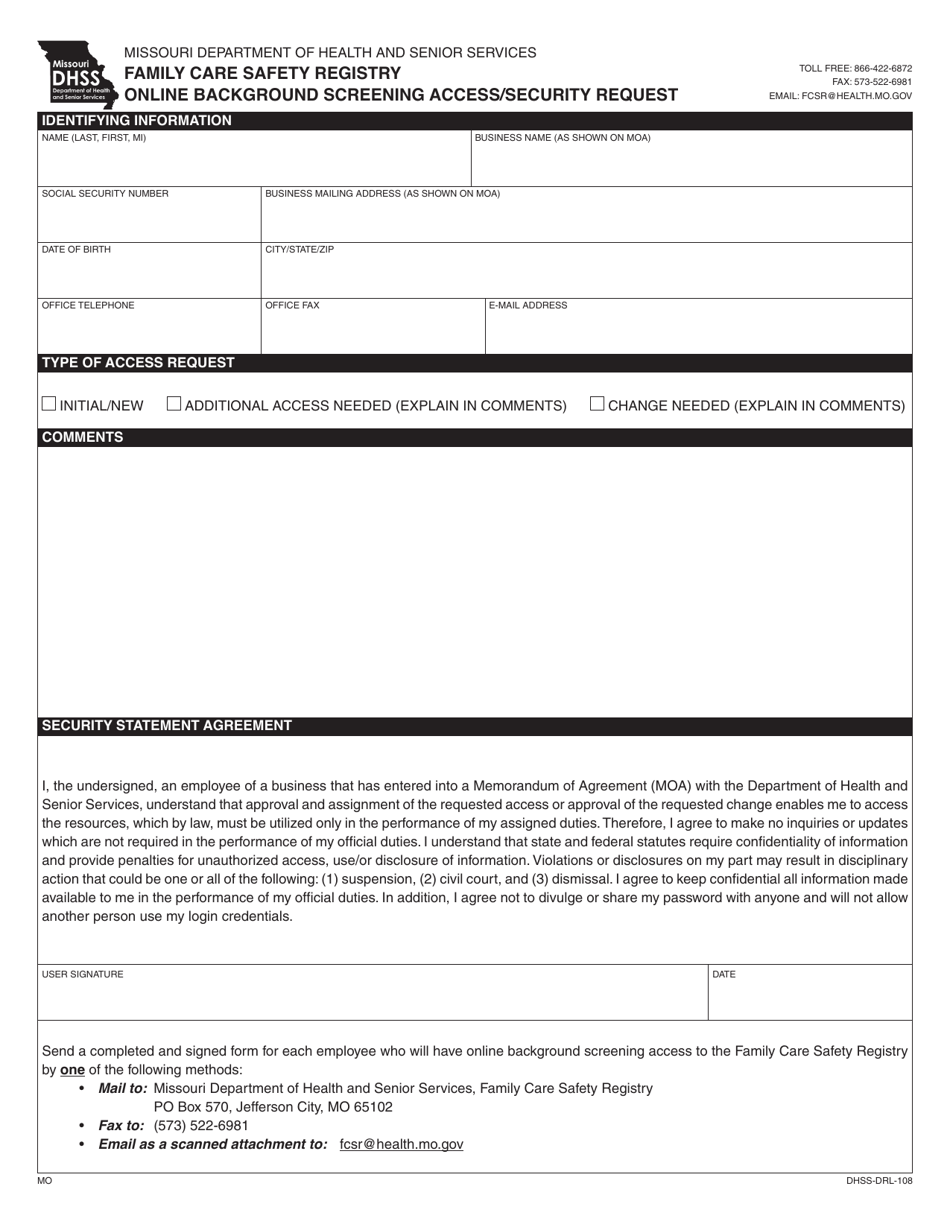 Form DHSS-DRL-108 Family Care Safety Registry Online Background Screening Access / Security Request - Missouri, Page 1