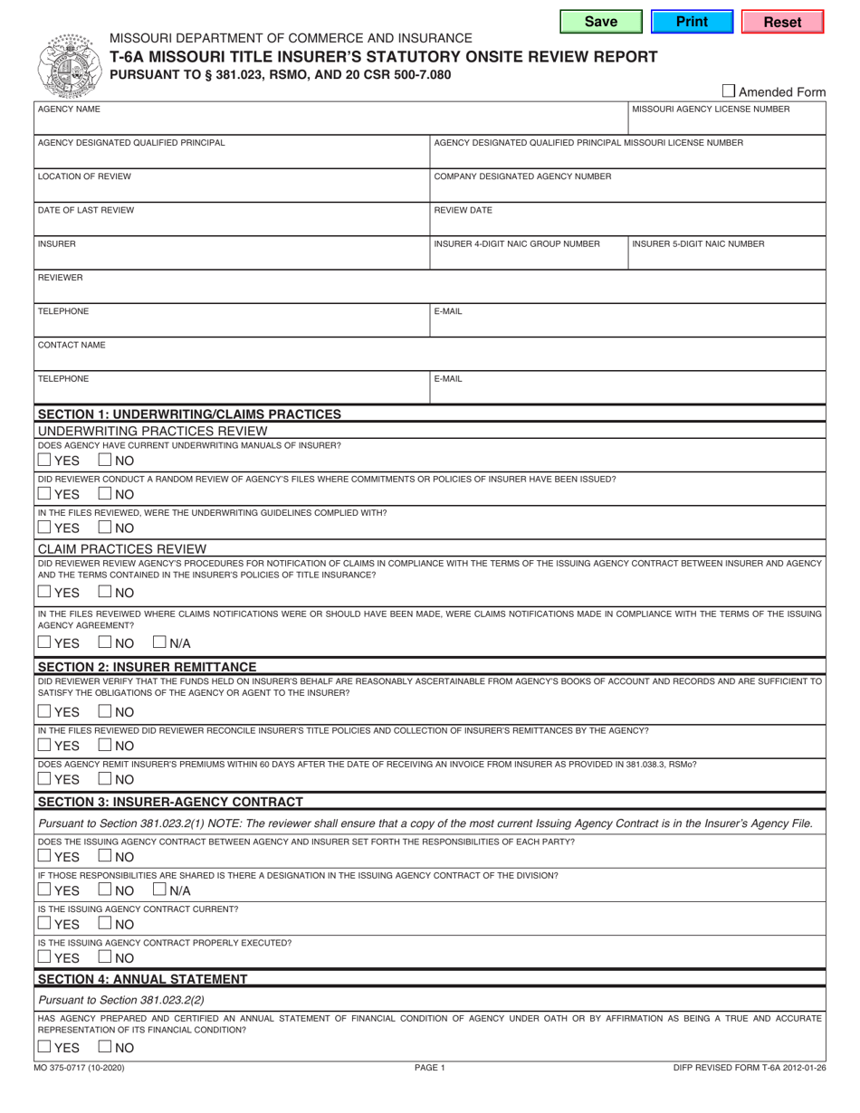 Form T-6A (MO375-0717) Missouri Title Insurers Statutory Onsite Review Report - Missouri, Page 1