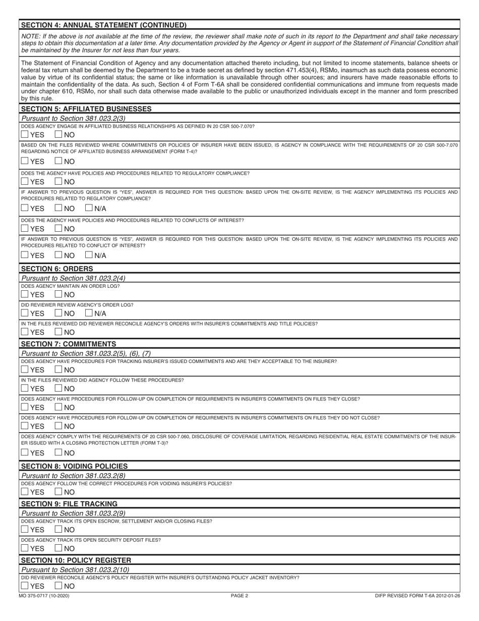 Form T-6A (MO375-0717) Missouri Title Insurers Statutory Onsite Review Report - Missouri, Page 2