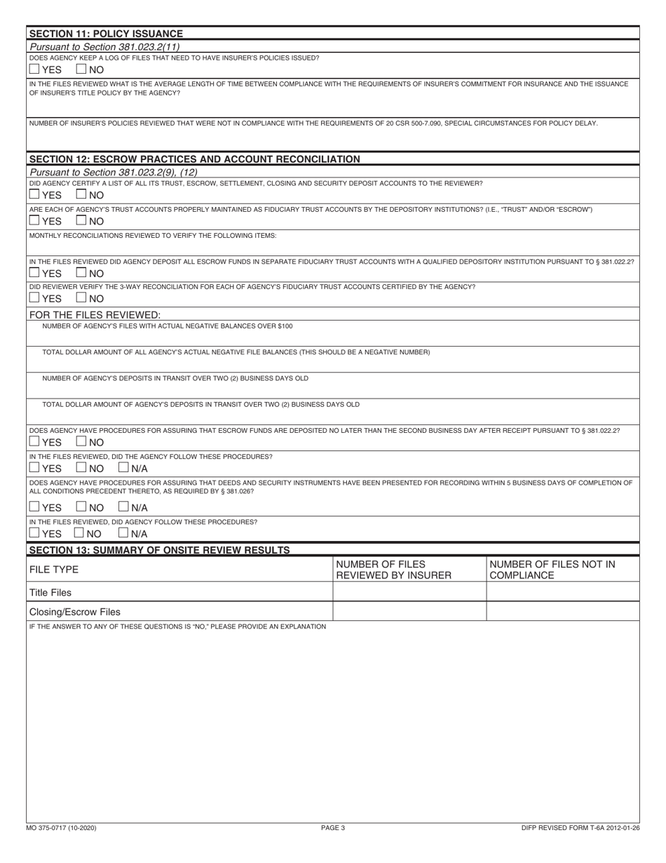 Form T-6A (MO375-0717) Missouri Title Insurers Statutory Onsite Review Report - Missouri, Page 3