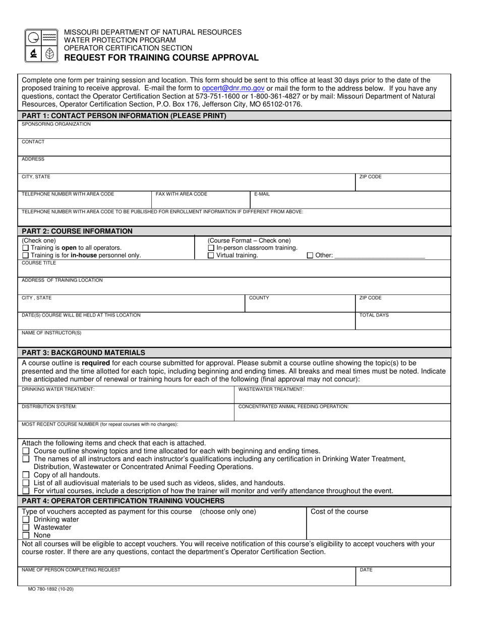 Form MO780-1892 Request for Training Course Approval - Missouri, Page 1