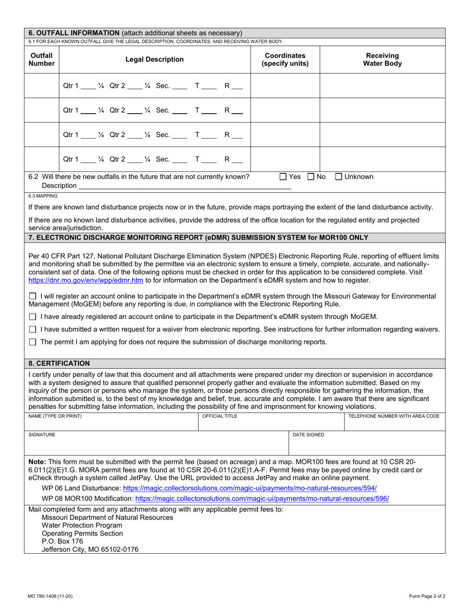 Form G (MO780-1408) Application for Land Disturbance Stormwater General Permit (Mor100 and Mora) - Missouri, Page 2