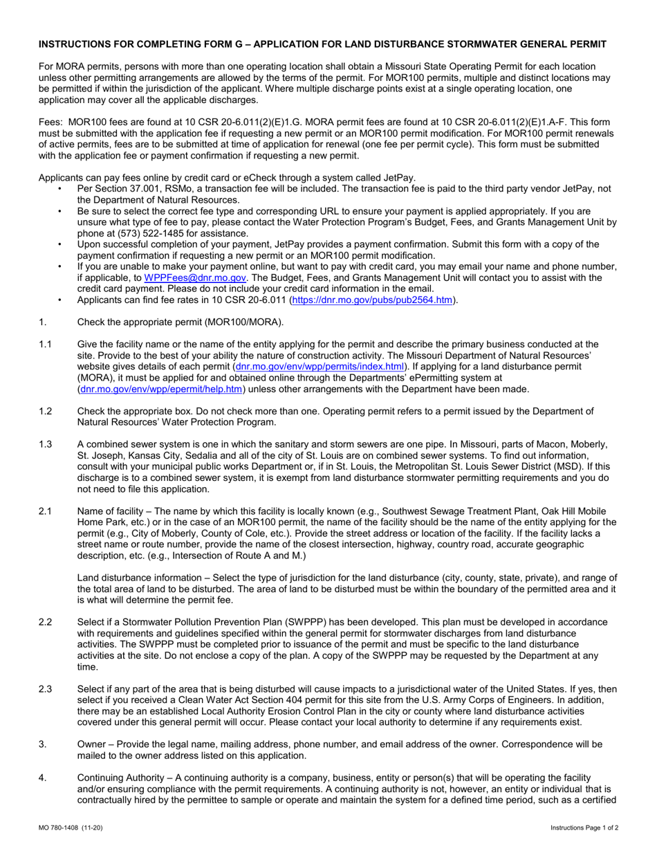 Form G (MO780-1408) Application for Land Disturbance Stormwater General Permit (Mor100 and Mora) - Missouri, Page 3
