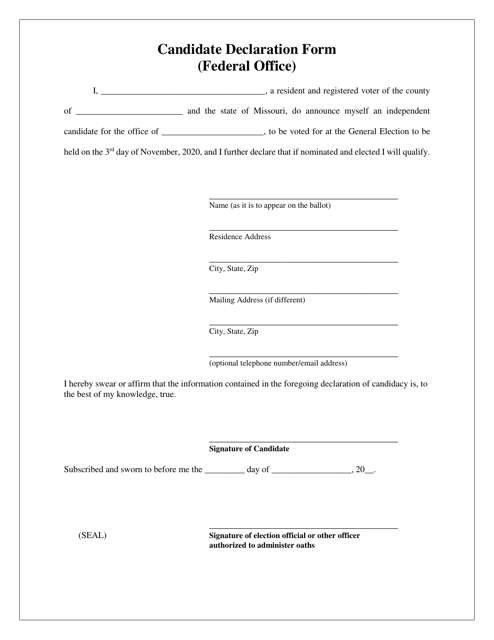 Candidate Declaration Form (Federal Office) - Missouri Download Pdf