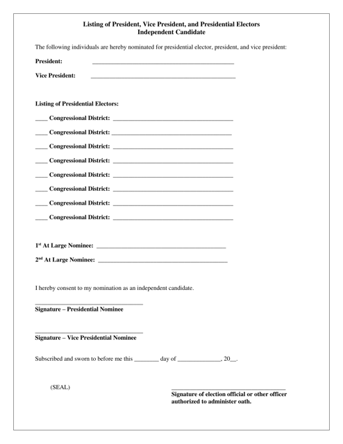 Listing of President, Vice President, and Presidential Electors Independent Candidate - Missouri Download Pdf