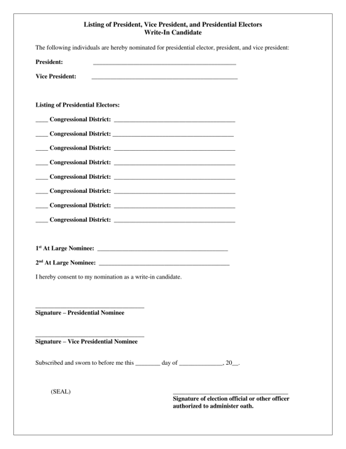 Listing of President, Vice President, and Presidential Electors Write-In Candidate - Missouri Download Pdf