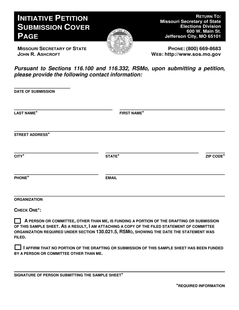 Initiative Petition Submission Cover Page - Missouri, Page 1