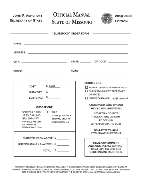 Blue Book Order Form - Missouri Download Pdf