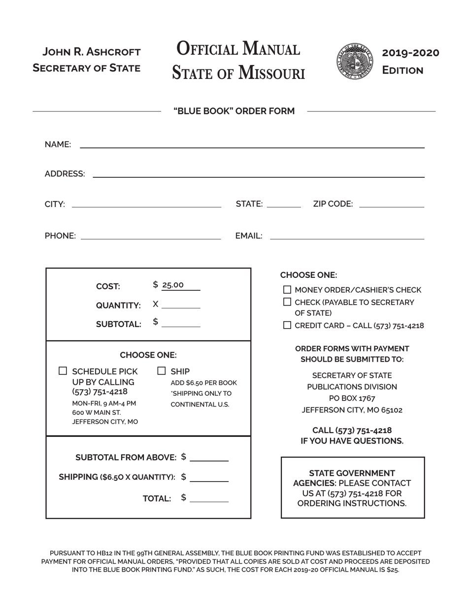 Blue Book Order Form - Missouri, Page 1