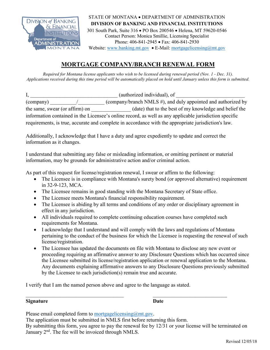 Montana Mortgage Company/Branch Renewal Form Download Fillable PDF Templateroller
