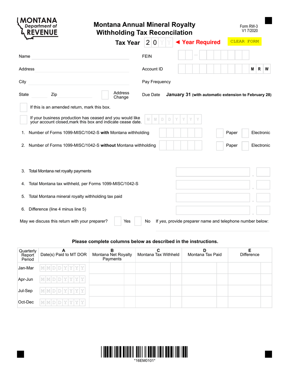 Form RW-3 Montana Annual Mineral Royalty Withholding Tax Reconciliation - Montana, Page 2
