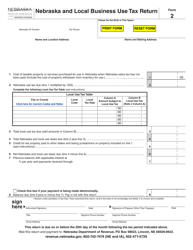 Form 2 Nebraska and Local Business Use Tax Return - Nebraska