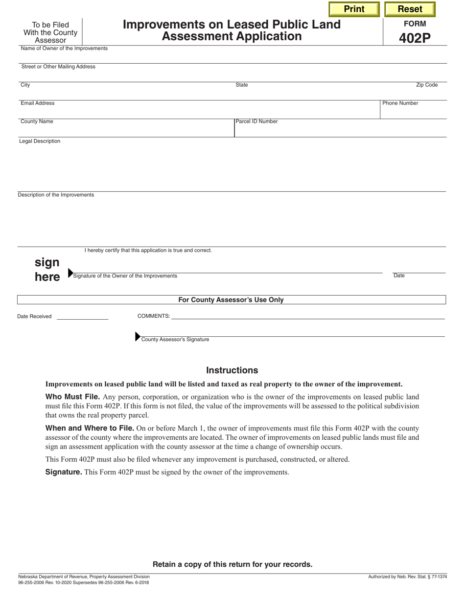 Form 402P Improvements on Leased Public Land Assessment Application - Nebraska, Page 1