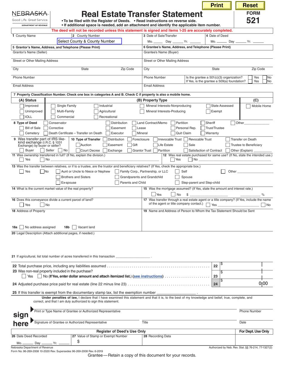 Form 521 Real Estate Transfer Statement - Nebraska, Page 1