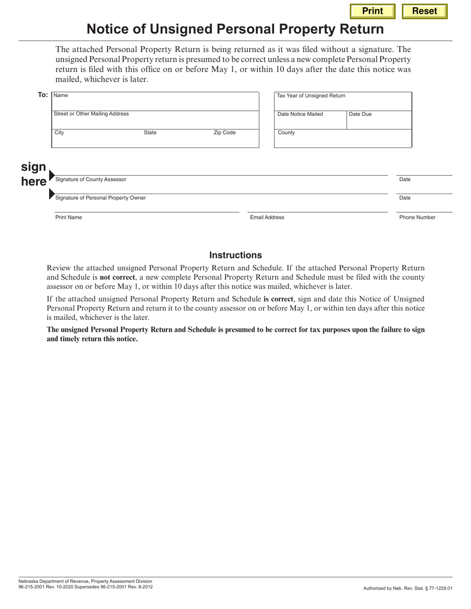 Notice of Unsigned Personal Property Return - Nebraska, Page 1