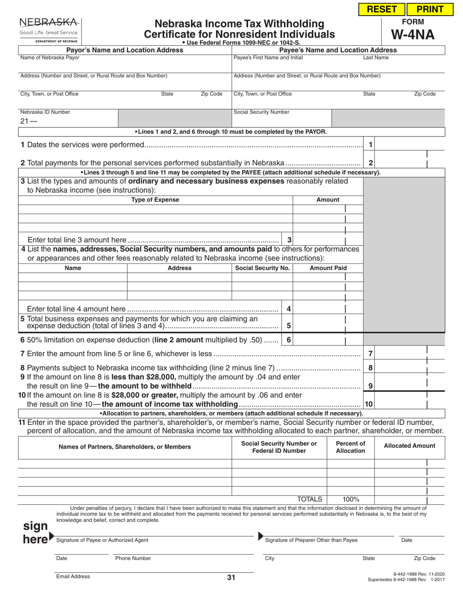 Form W4NA Download Fillable PDF or Fill Online Nebraska Tax Withholding Certificate for