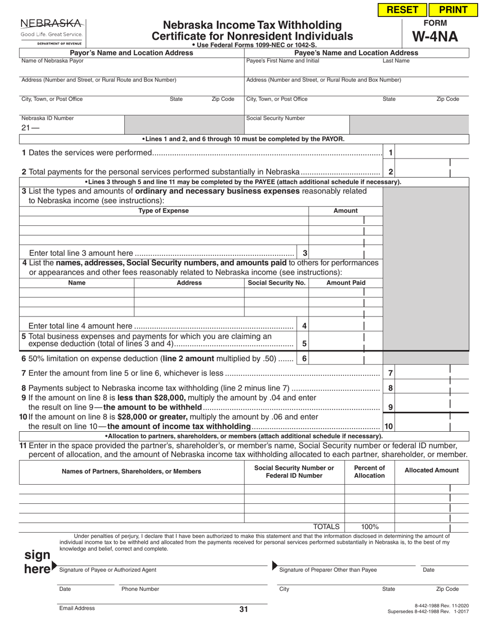 Form W-4NA Nebraska Income Tax Withholding Certificate for Nonresident Individuals - Nebraska, Page 1
