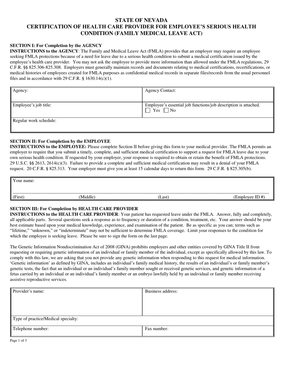 Form NPD-83 Certification of Health Care Provider for Employees Serious Health Condition (Family Medical Leave Act) - Nevada, Page 1
