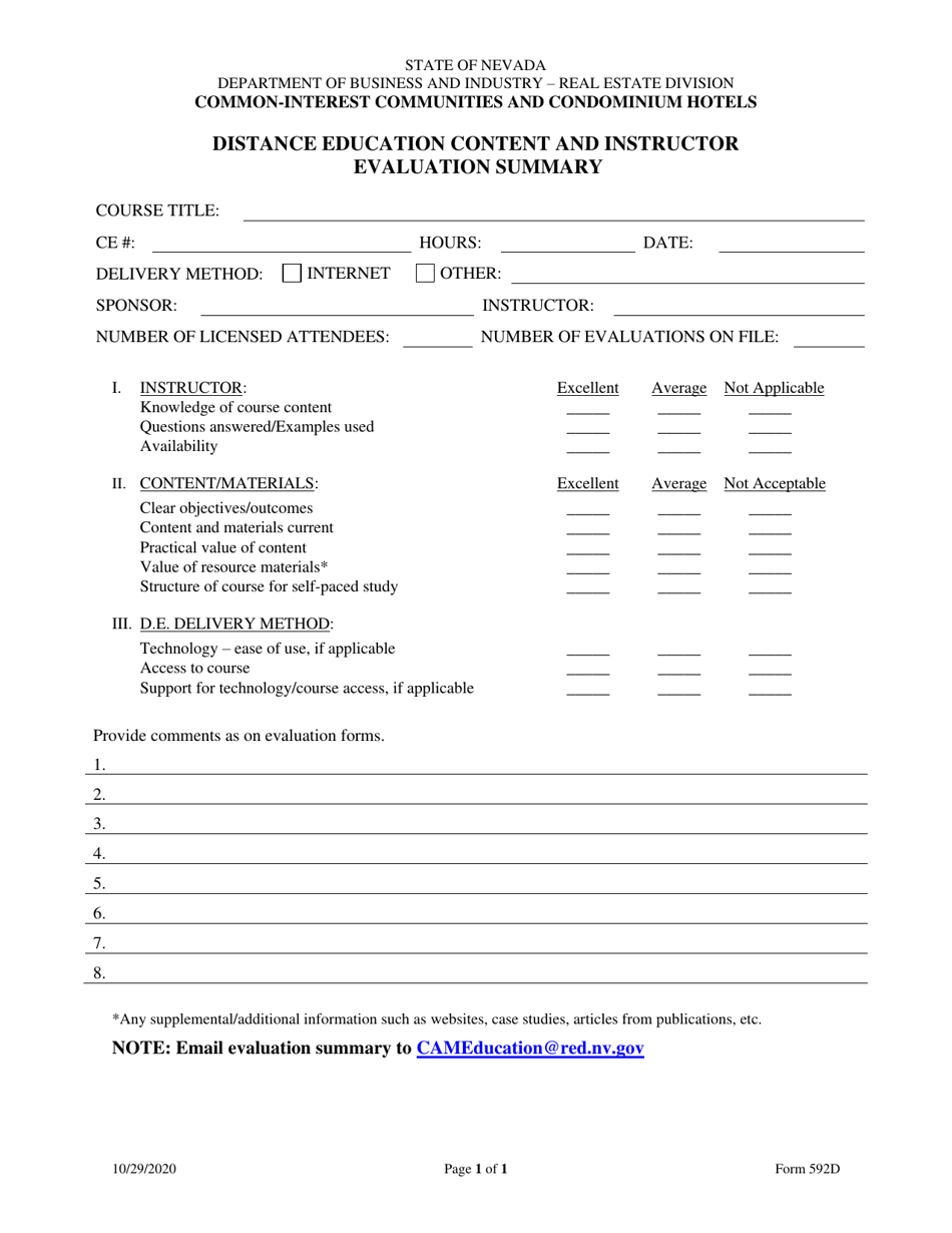 Form 592D Cic Distance Education Content and Instructor Evaluation Summary - Nevada, Page 1