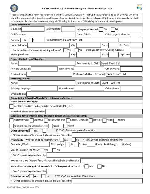 ADSD-NEIS Form 1001 Early Intervention Program Referral Form - Nevada