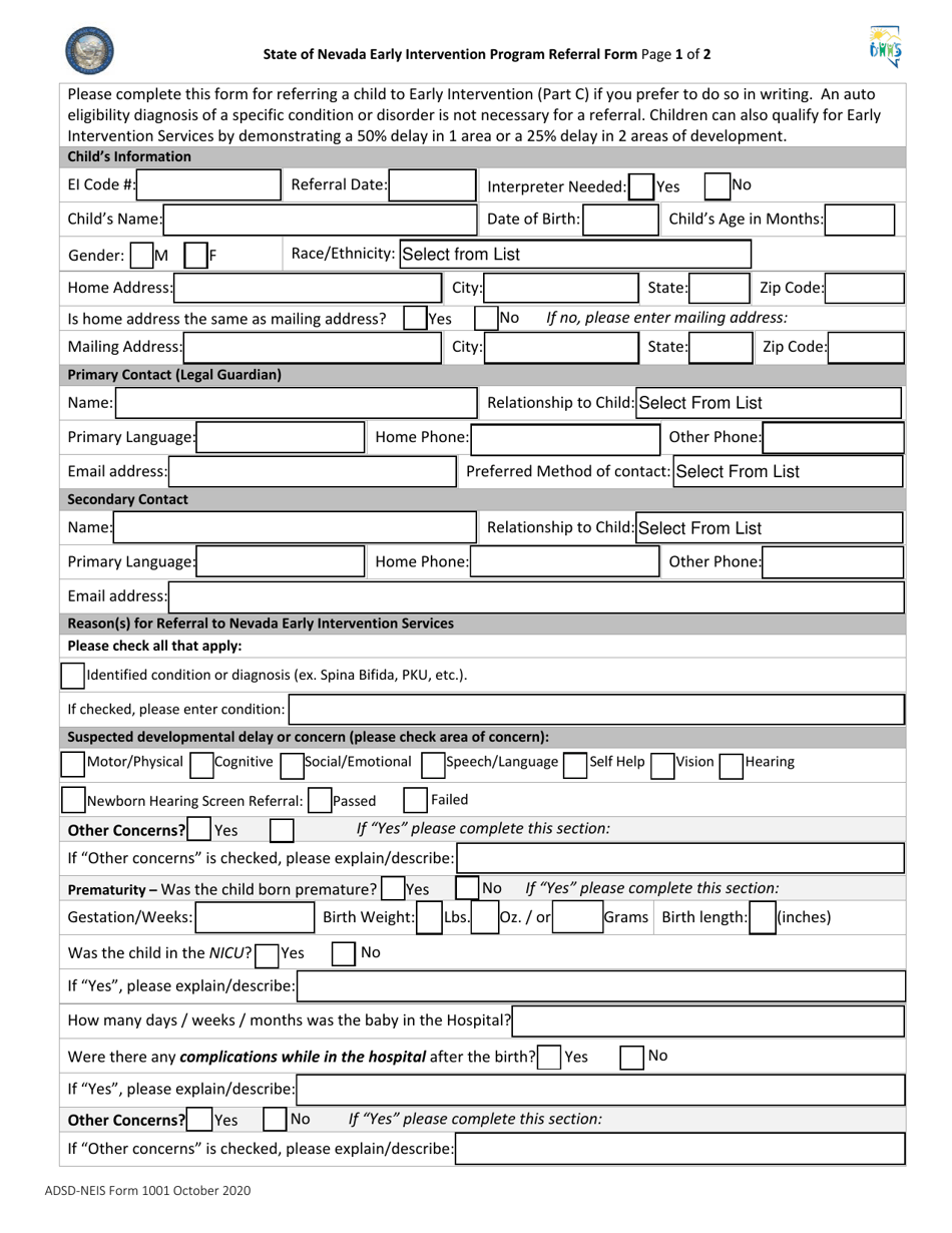 ADSD-NEIS Form 1001 Early Intervention Program Referral Form - Nevada, Page 1